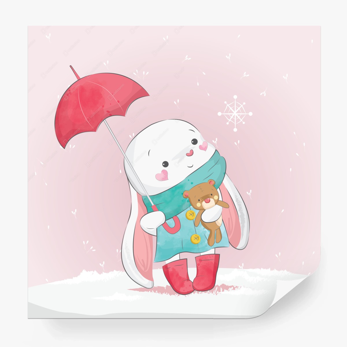 Fototapete niedlicher hase mit teddybär und regenschirm – Wallnifity®