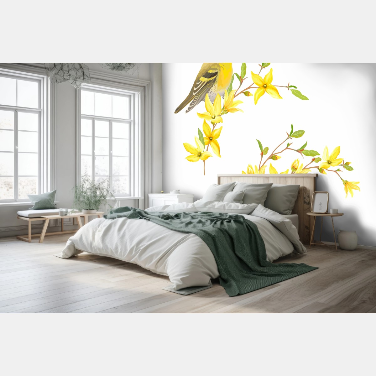 Fototapete gelber vogel und blumen aquarell – Wallnifity®