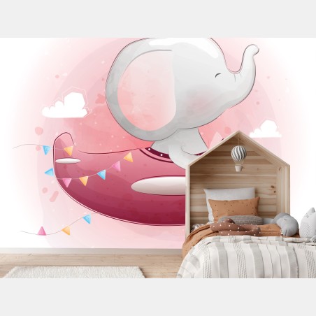 Fototapete süßer elefant im rosa flugzeug – Wallnifity®