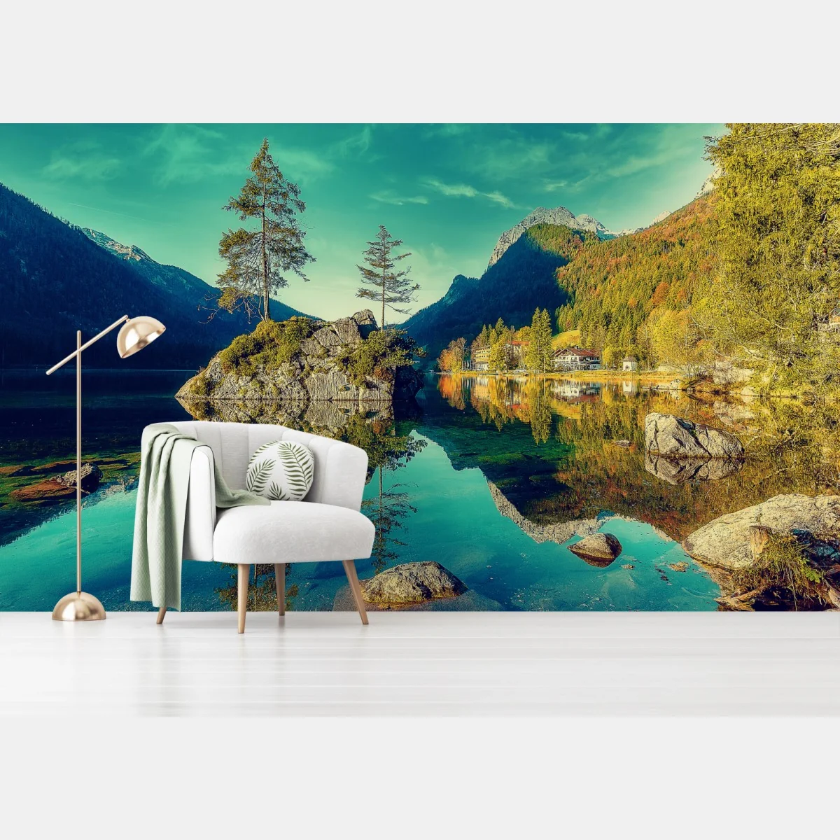 Fototapete Hintersee alpensee mit spiegelung – Wallnifity® Fototapete Hintersee alpensee mit spiegelung – Wallnifity®