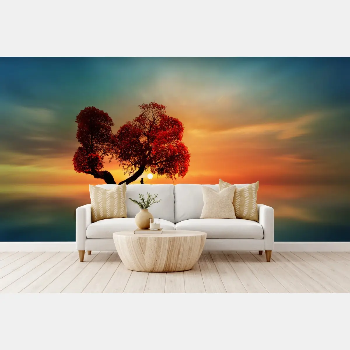 Fototapete einsamer roter baum im sonnenuntergang – Wallnifity®