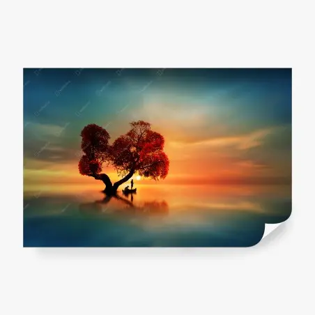 Fototapete einsamer roter baum im sonnenuntergang – Wallnifity®