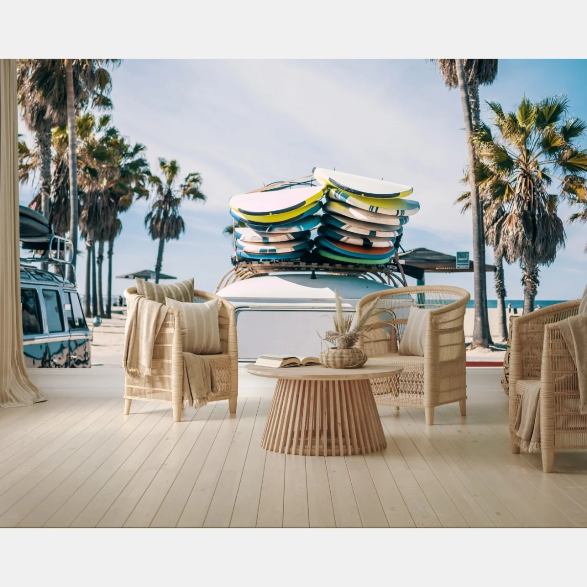 Fototapete retro van am strand mit surfboards – Wallnifity® Fototapete retro van am strand mit surfboards – Wallnifity®