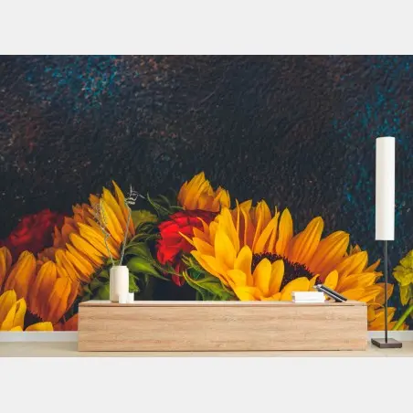Fototapete lebendiger sonnenblumenstrauß vor dunklem hintergrund – Wallnifity®