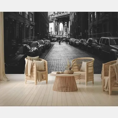 Fototapete Manhattan Bridge im rahmen einer gepflasterten straße – Wallnifity®