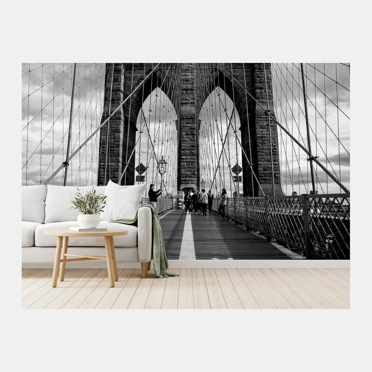 Fototapete Brooklyn Bridge perspektive in monochrom – Wallnifity® Fototapete Brooklyn Bridge perspektive in monochrom – Wallnifity®