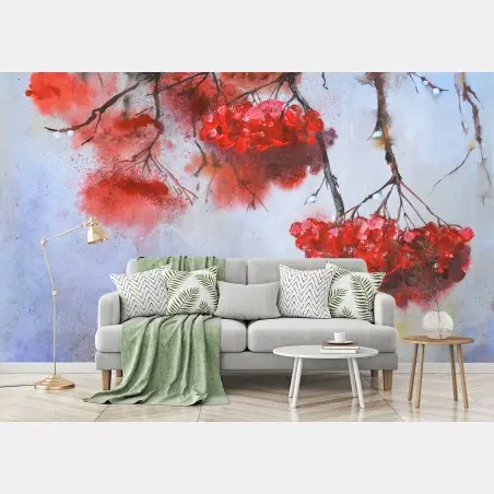 Fototapete aquarell rote beeren an zweigen – Wallnifity®
