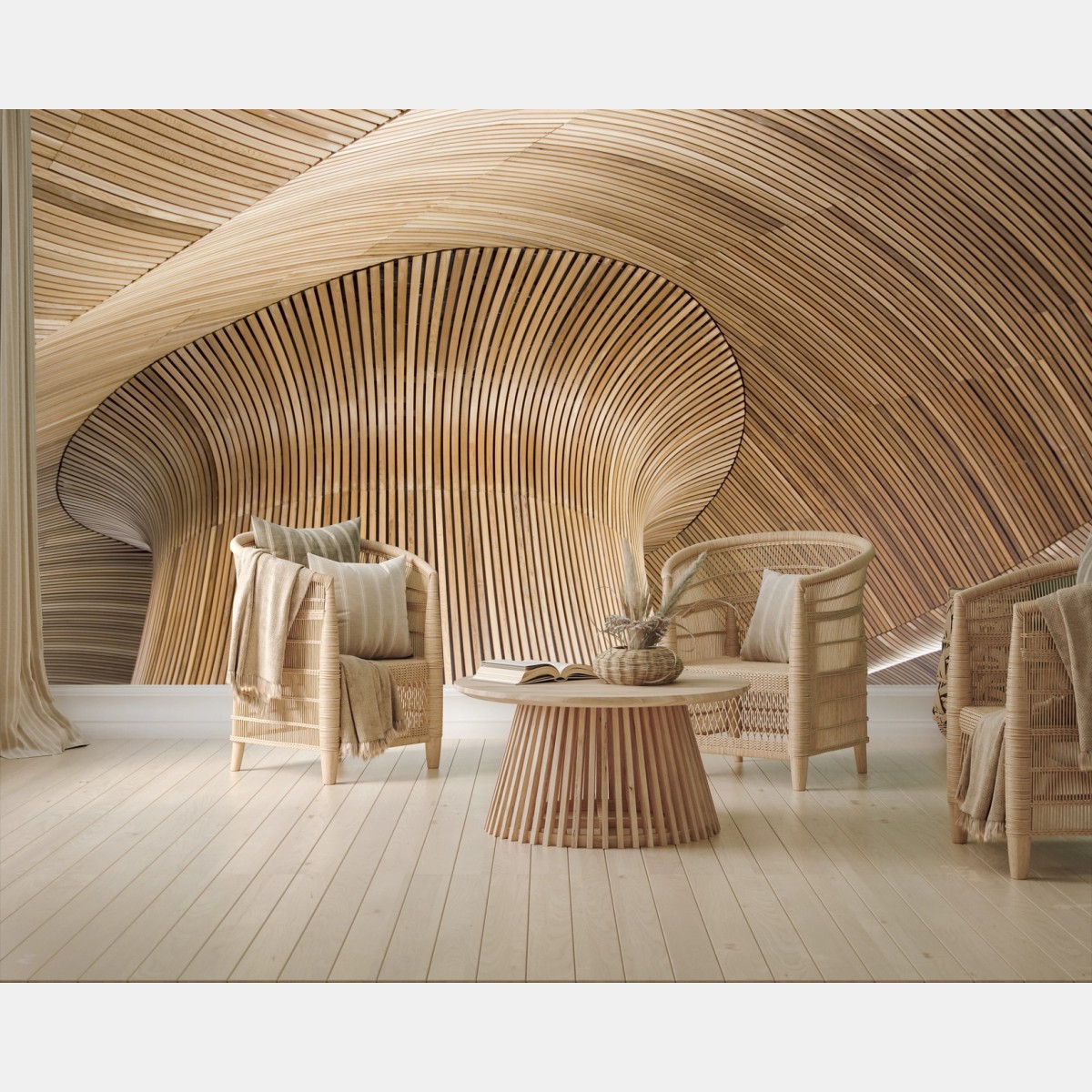 Fototapete skulpturale holzdecke mit wellenform – Wallnifity®