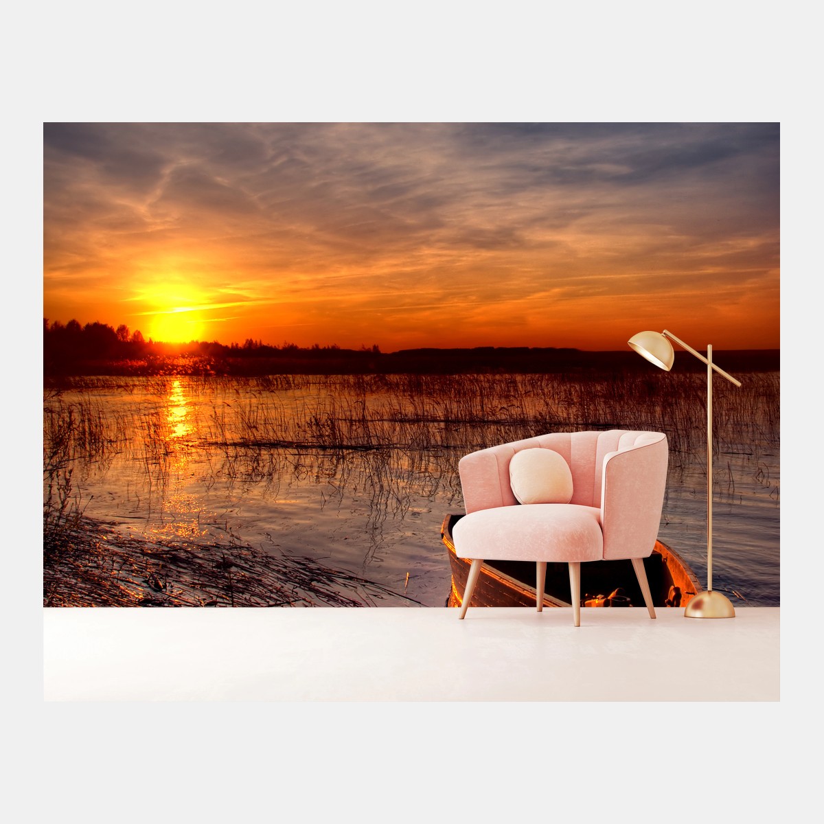 Fototapete boot bei sonnenuntergang am see – Wallnifity®
