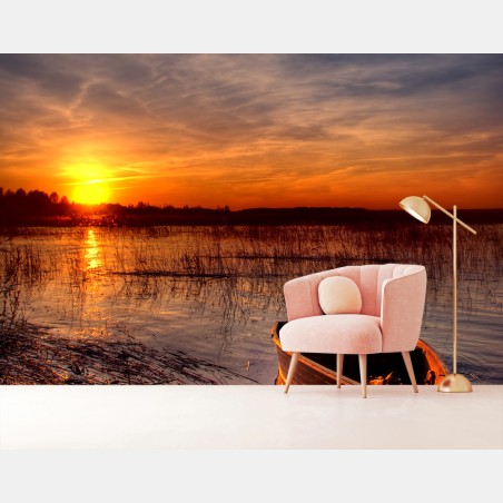 Fototapete boot bei sonnenuntergang am see – Wallnifity®