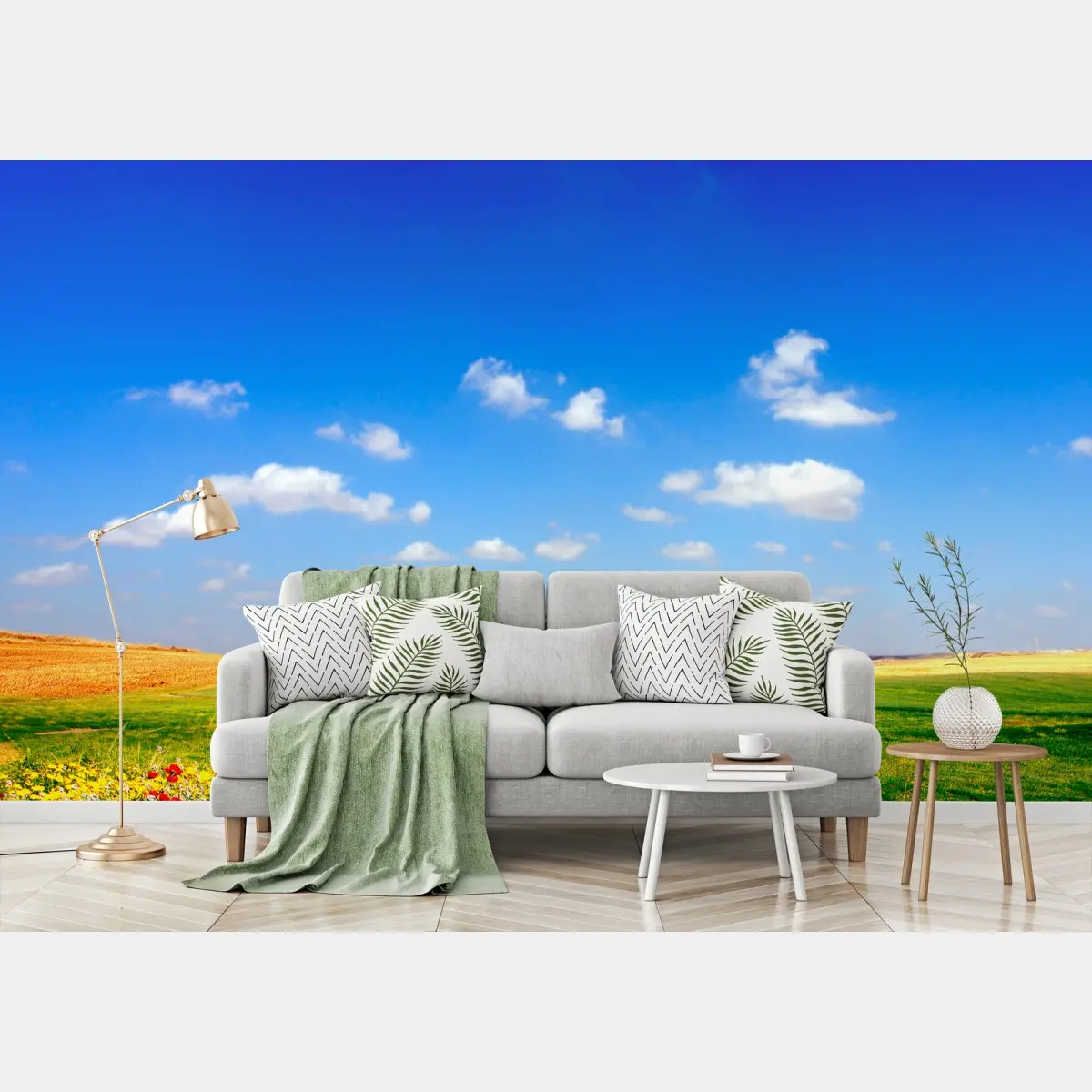 Fototapete lebhafte mohnwiese unter blauem himmel – Wallnifity®