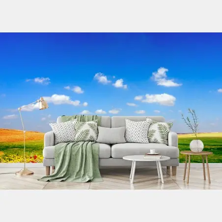Fototapete lebhafte mohnwiese unter blauem himmel – Wallnifity®