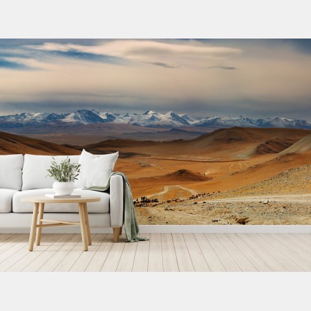 Fototapete weite mongolische steppe mit nomaden und rinderherde – Wallnifity®