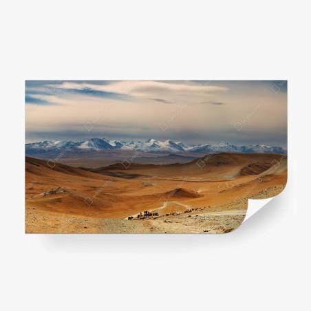 Fototapete weite mongolische steppe mit nomaden und rinderherde – Wallnifity®