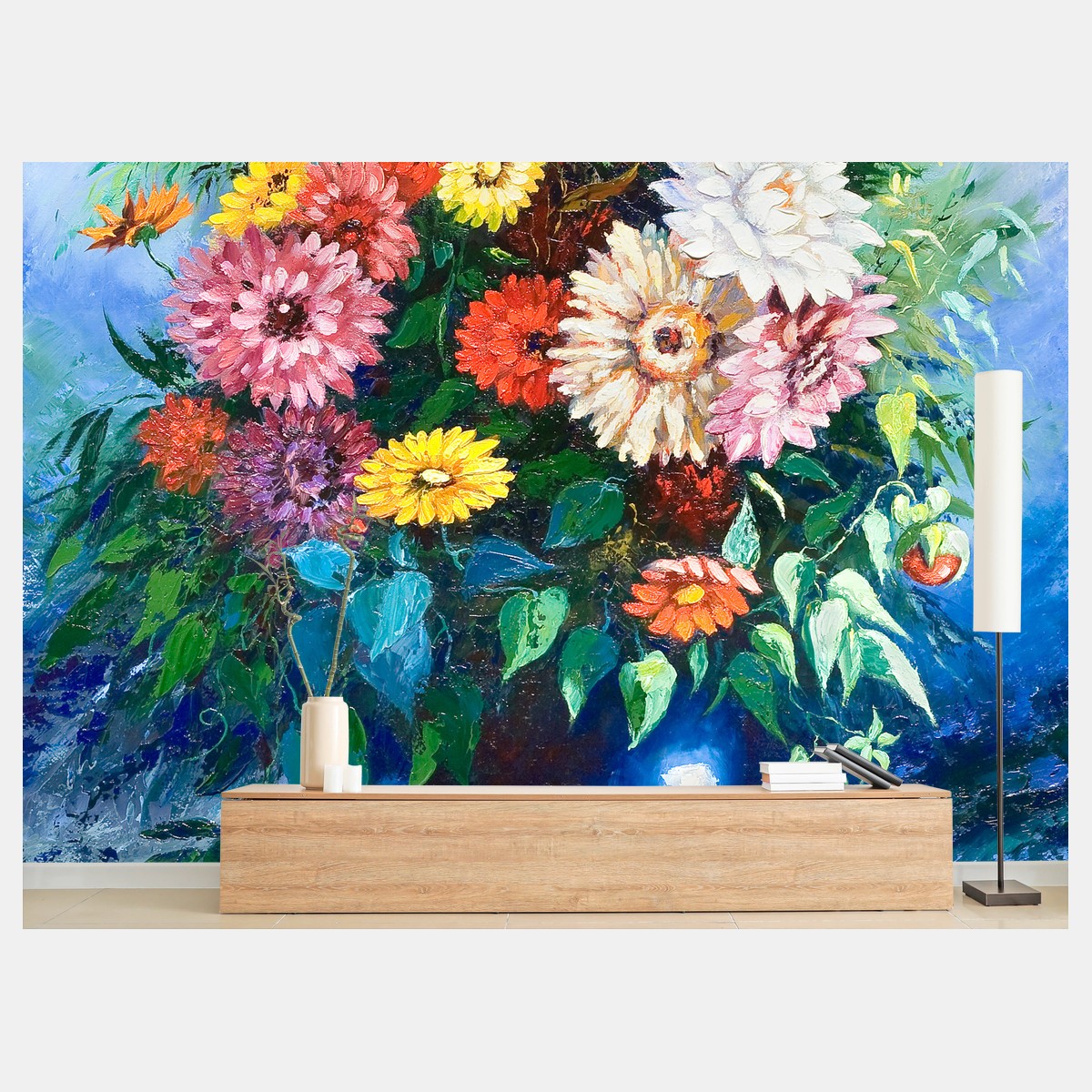 Fototapete lebendiger wildblumenstrauß in blauer vase – Wallnifity® Fototapete lebendiger wildblumenstrauß in blauer vase – Wallnifity®