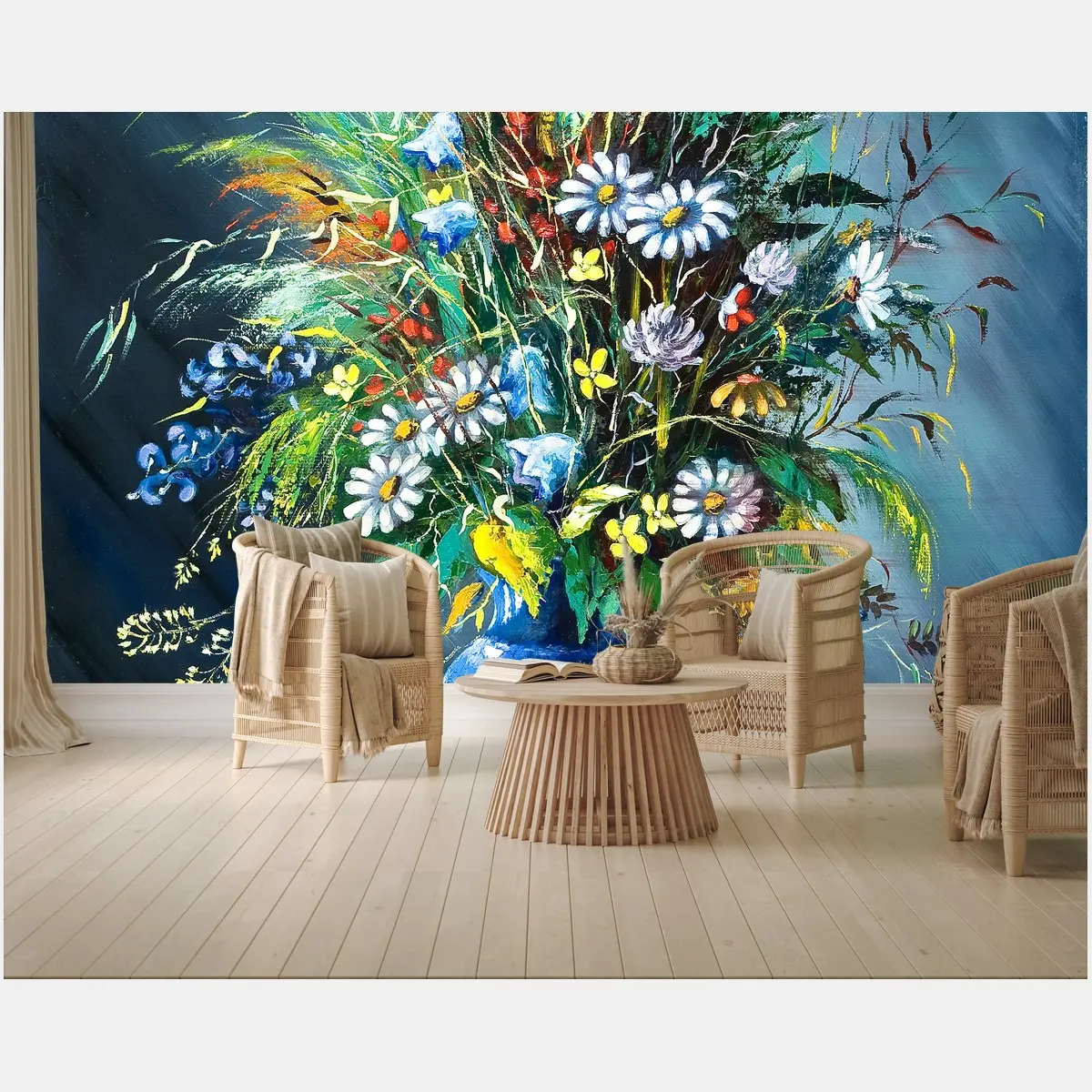 Fototapete strauß wilder blumen in blauer vase – Wallnifity®