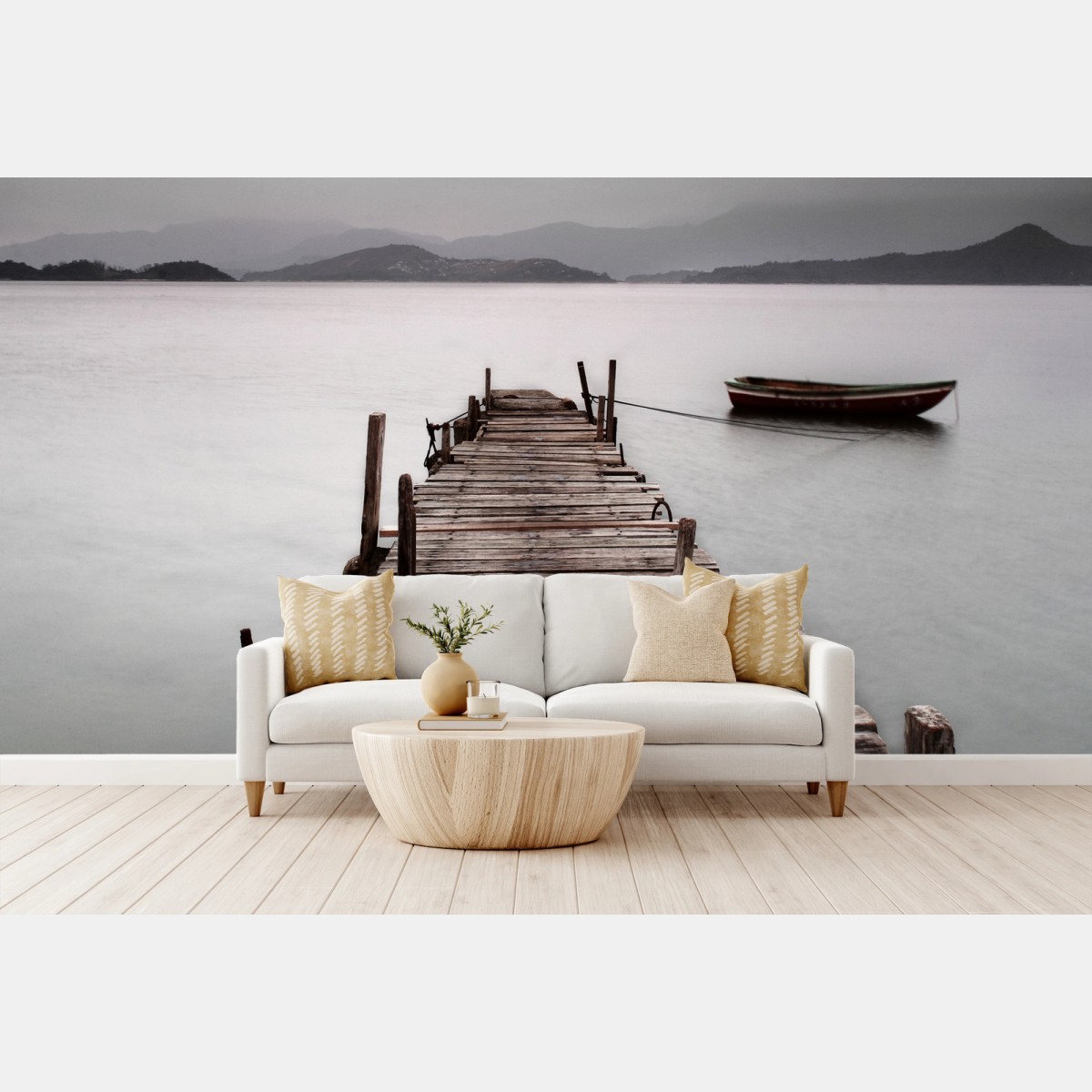 Fototapete einsamer steg und boot über ruhigem meer – Wallnifity® Fototapete einsamer steg und boot über ruhigem meer – Wallnifity®