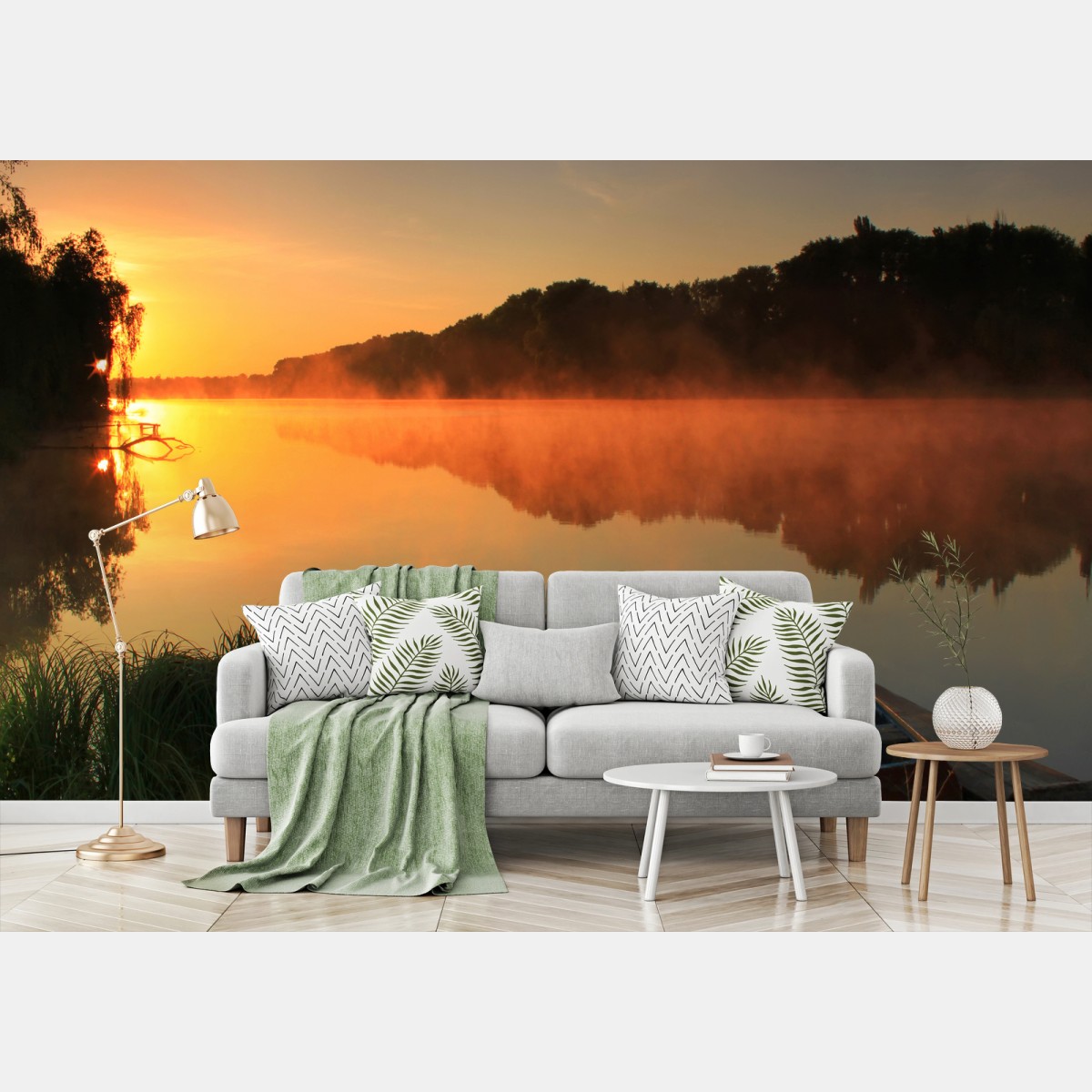Fototapete nebliger sonnenaufgang am see mit boot – Wallnifity®