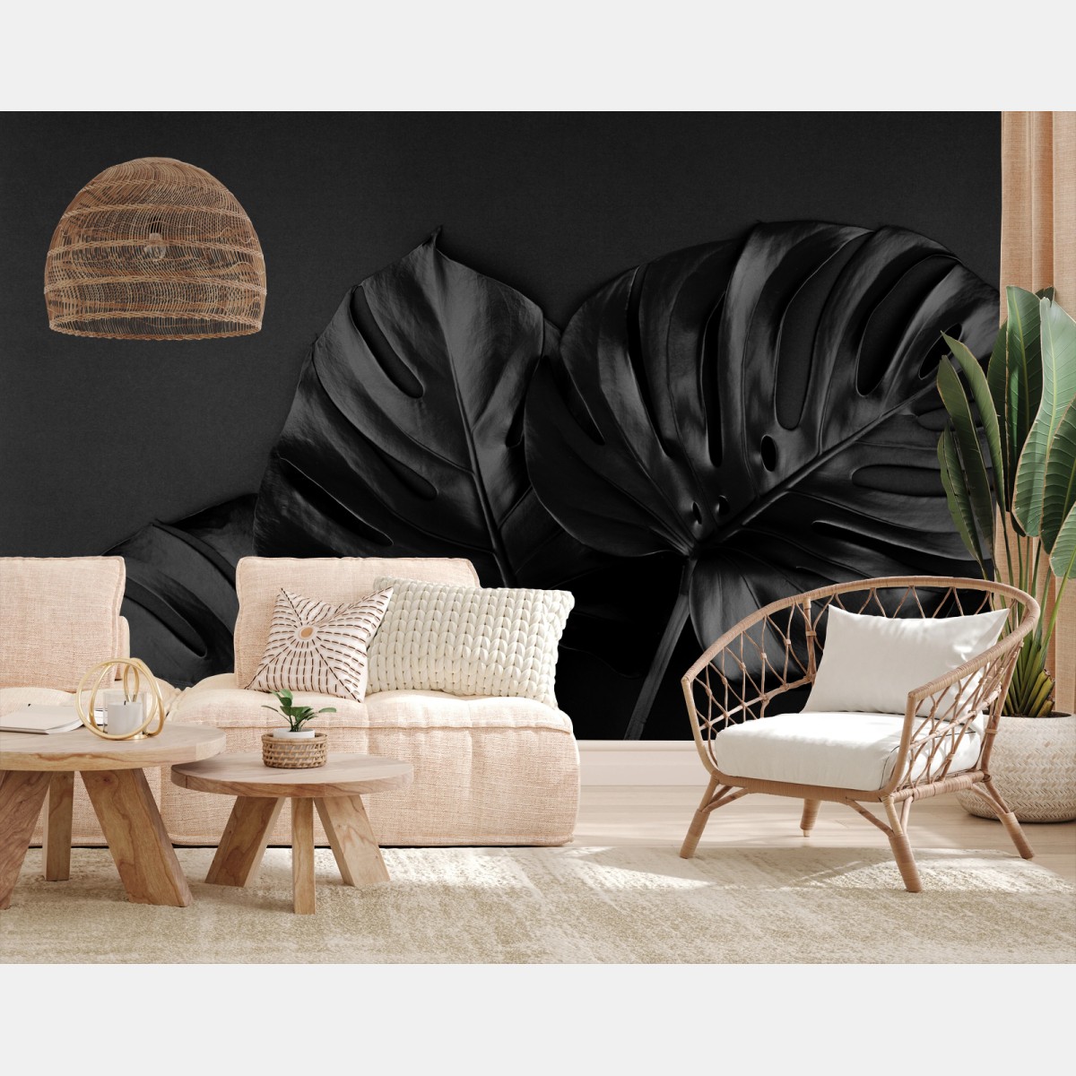 Fototapete schwarze monstera-blätter auf dunklem hintergrund – Wallnifity®