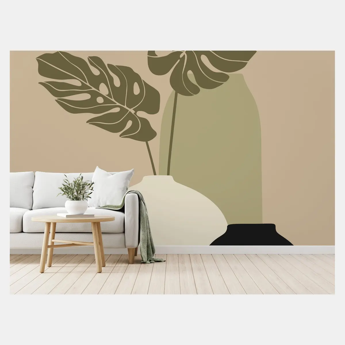 Fototapete minimalistische monstera-komposition mit vasen – Wallnifity®