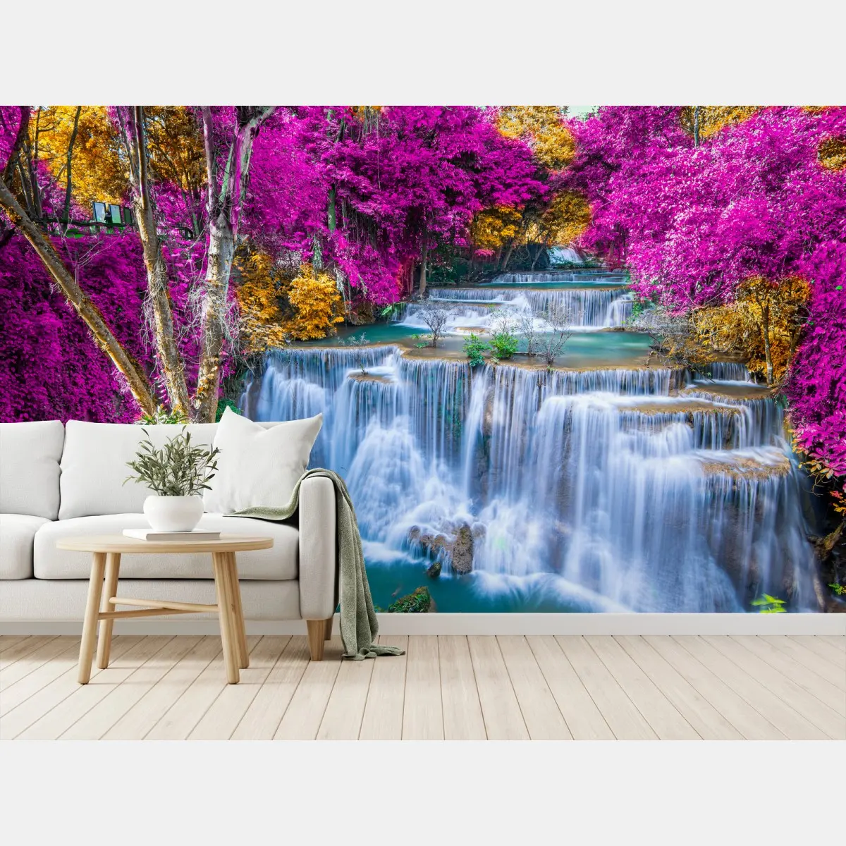 Fototapete leuchtender violetter wasserfall in dichtem wald – Wallnifity®