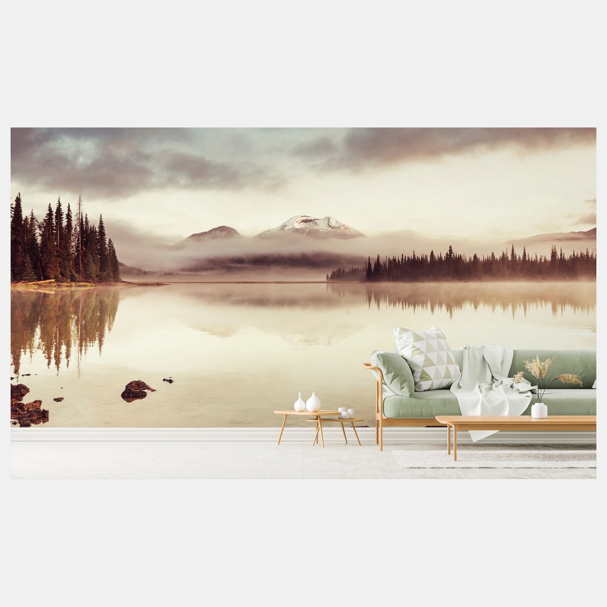Fototapete ruhiger morgensee mit bergspiegelung in Oregon – Wallnifity®