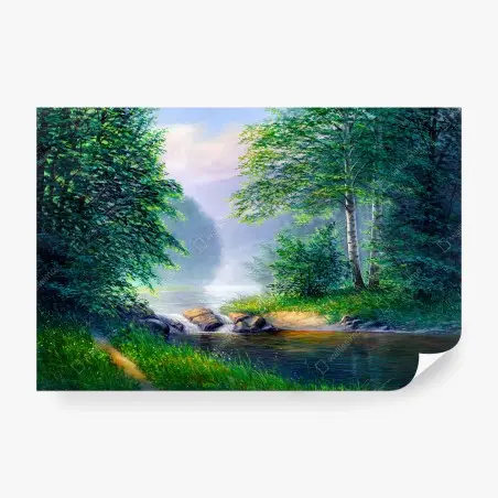 Fototapete ruhiger sommerwald mit wasserfall – Wallnifity®
