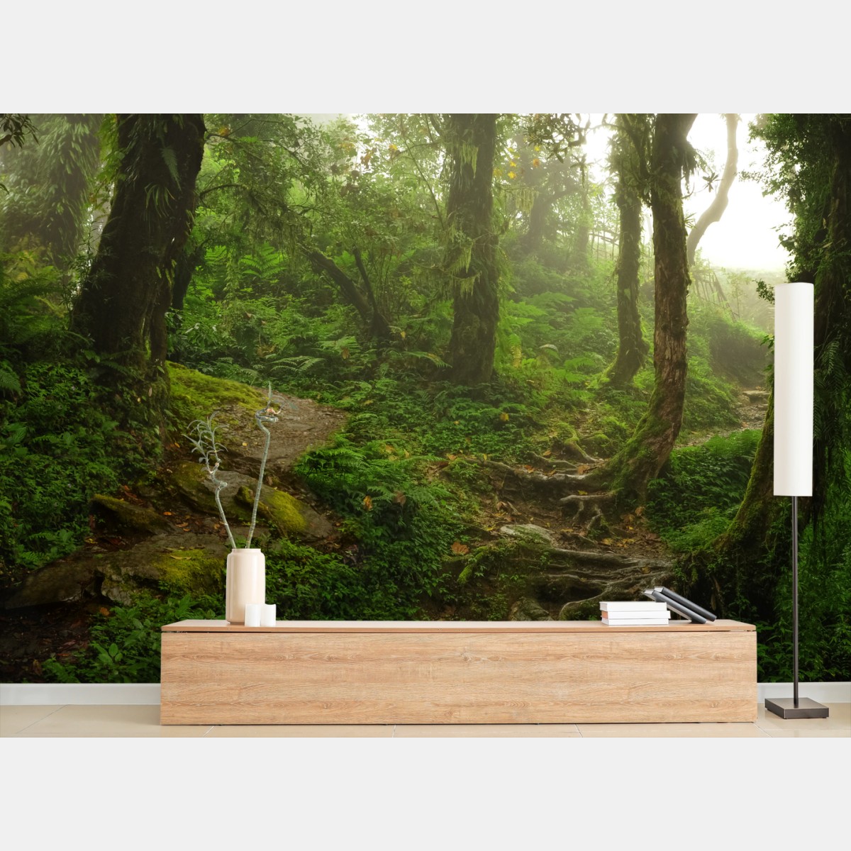 Fototapete nebliger grüner waldpfad – Wallnifity®