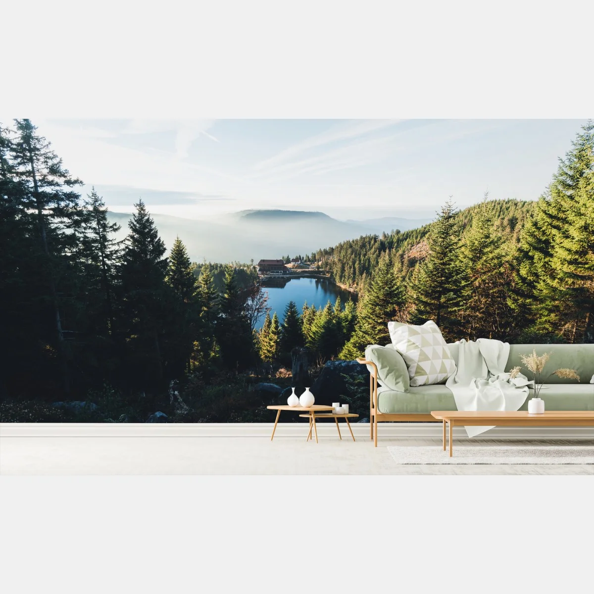 Fototapete neblige berglandschaft mit see – Wallnifity® Fototapete neblige berglandschaft mit see – Wallnifity®