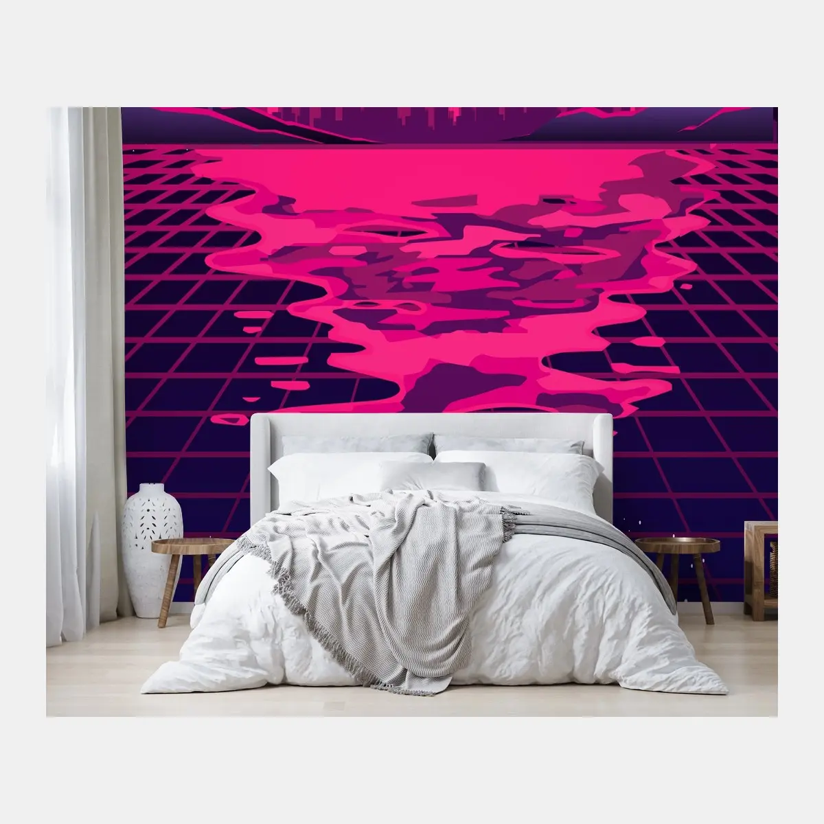 Fototapete neon synthwave sonnenuntergang über der stadt – Wallnifity®