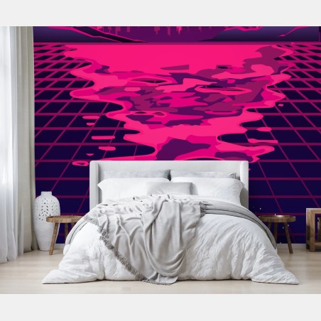 Fototapete neon synthwave sonnenuntergang über der stadt – Wallnifity®