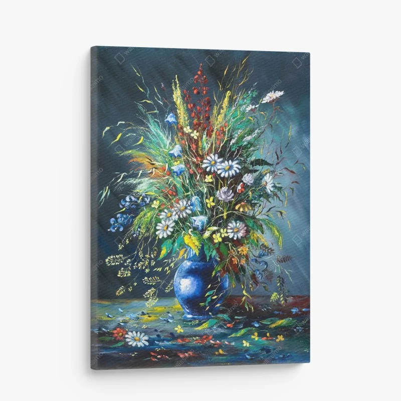 Leinwandbild strauß wilder blumen in blauer vase – Wallnifity® Leinwandbild strauß wilder blumen in blauer vase – Wallnifity®