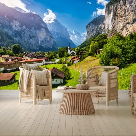 Fototapete ALPEN WASSERFALL DORF KIRCHE TAL FÜR WOHNZIMMER – Wallnifity®
