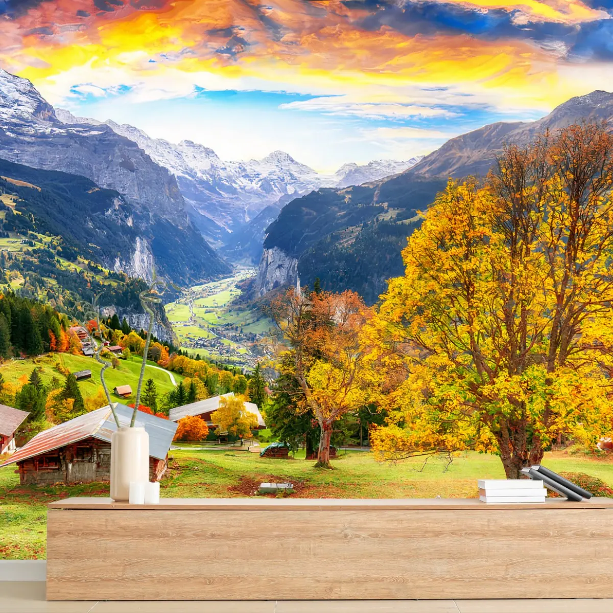 Fototapete ALPEN BERG TAL HERBST DORF FÜR WOHNZIMMER – Wallnifity®