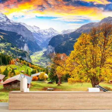 Fototapete ALPEN BERG TAL HERBST DORF FÜR WOHNZIMMER – Wallnifity®