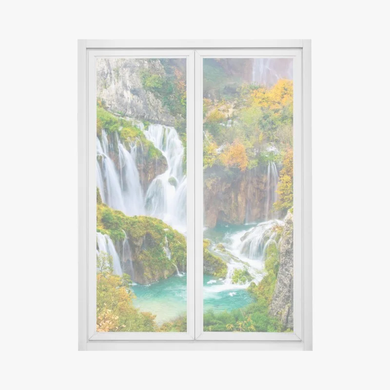 Fensteraufkleber türkisfarbener wasserfall im herbst