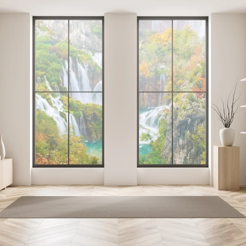Fensteraufkleber türkisfarbener wasserfall im herbst