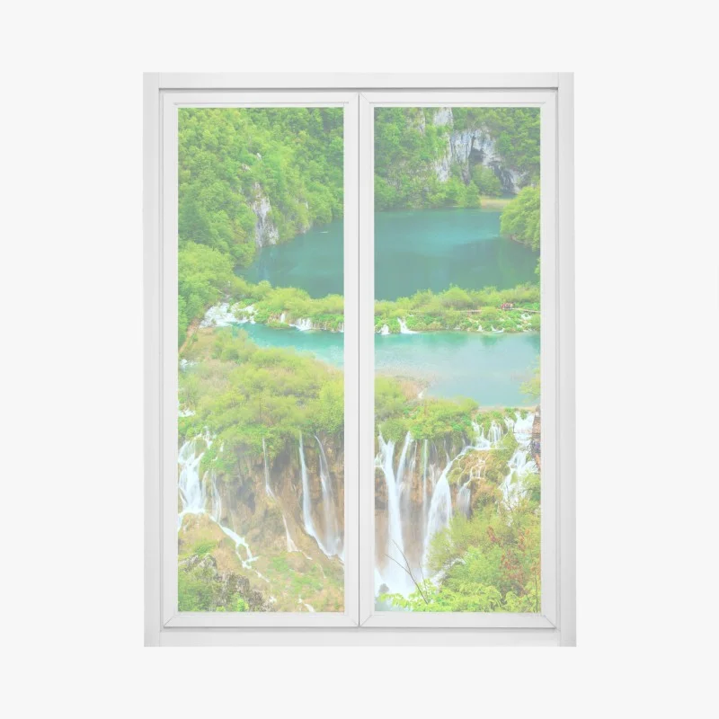 Fensteraufkleber üppiger wasserfall und türkise seen
