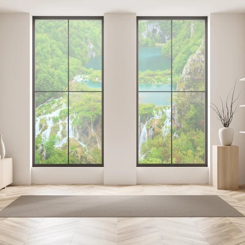 Fensteraufkleber üppiger wasserfall und türkise seen